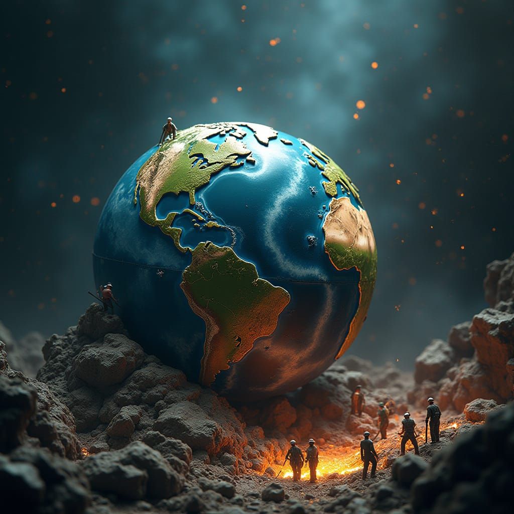 Miniature Workers Constructing Earth in Cosmic Workshop