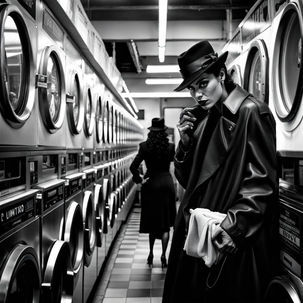 Noir Laundromat Scene with Sinister Character