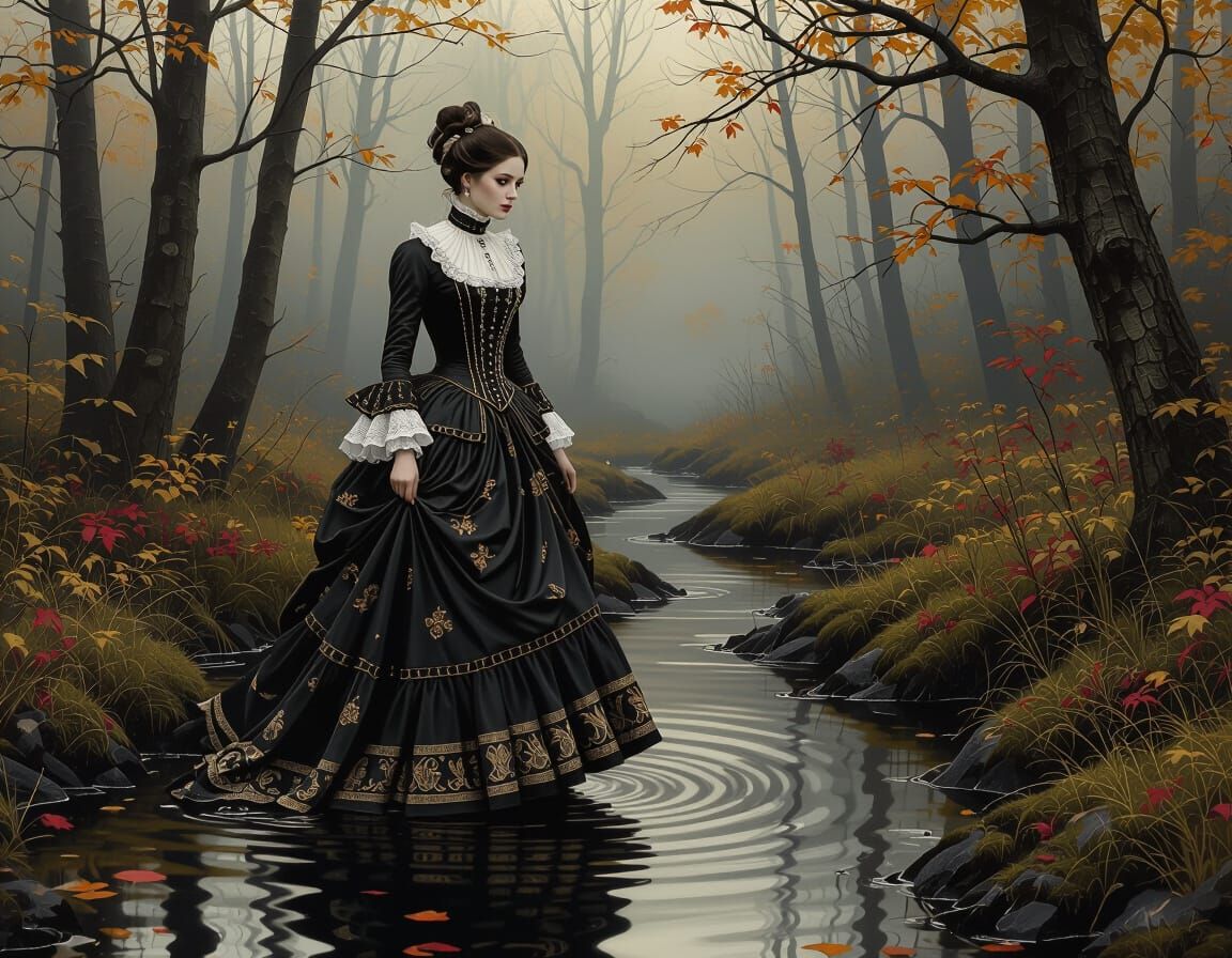 Victorian Woman in Mystical Autumn Forest