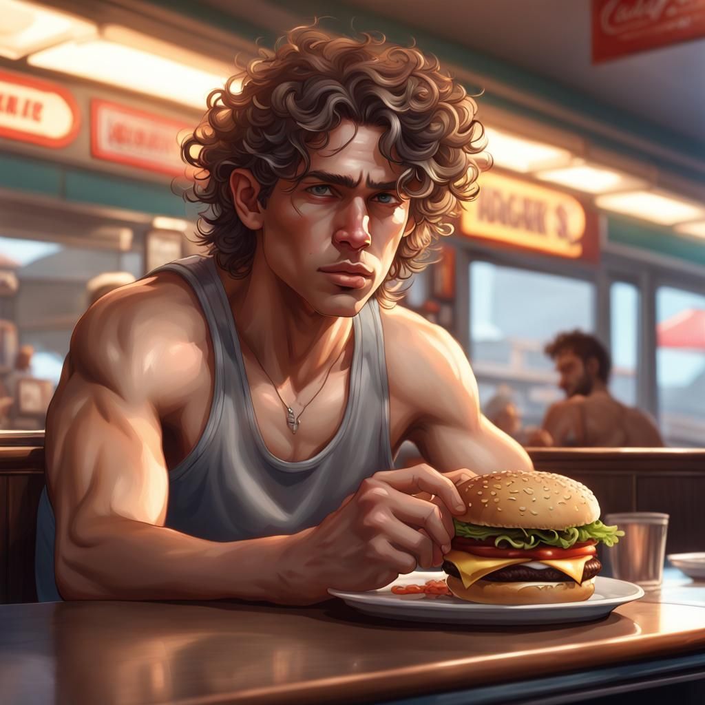 twink with long curly sitting in a diner