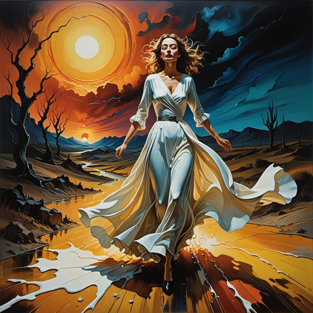 Surreal Dali-Inspired Masterpiece: Woman Fleeing Shadows