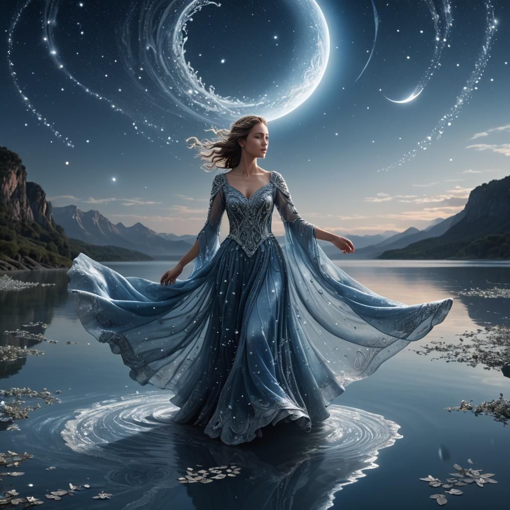 Woman in Blue Dress Walking on Lake: Digital Matte Painting