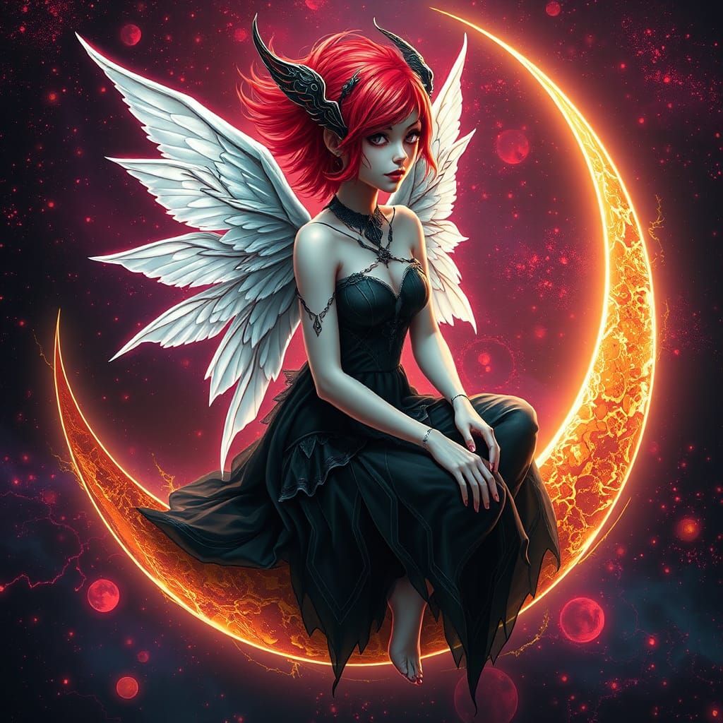 Cyber Fae on Crescent Moon in Glitch Art