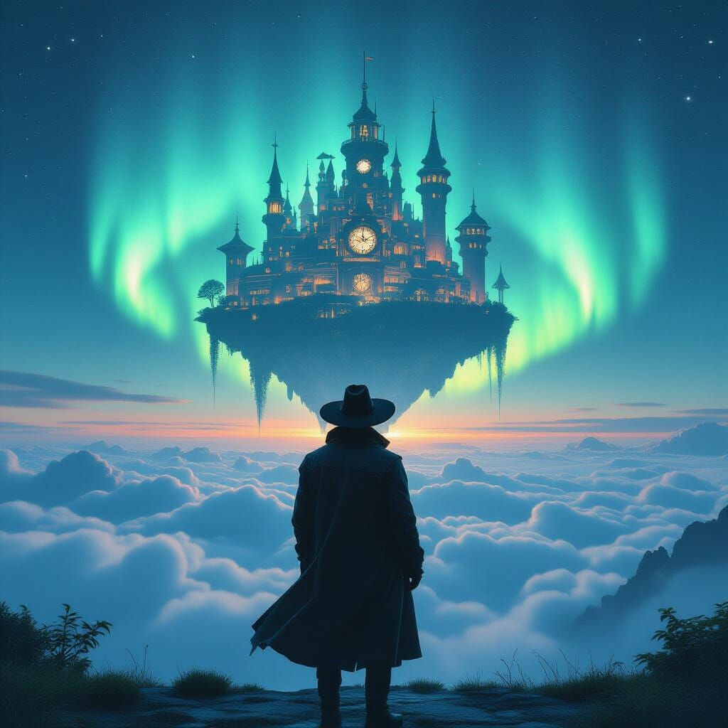 Aurora Borealis Illuminates Floating Island City