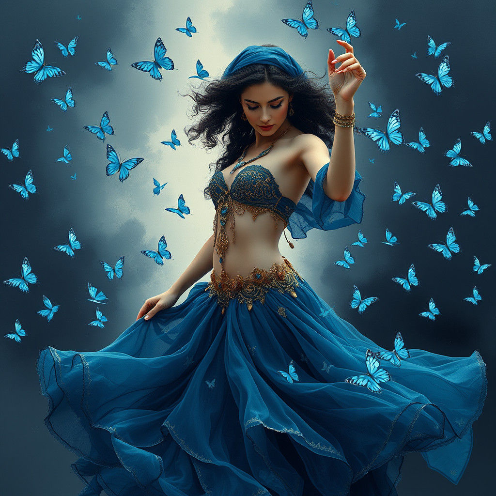 Gypsy Dancer with Blue Butterflies in Digital Matte Painting
