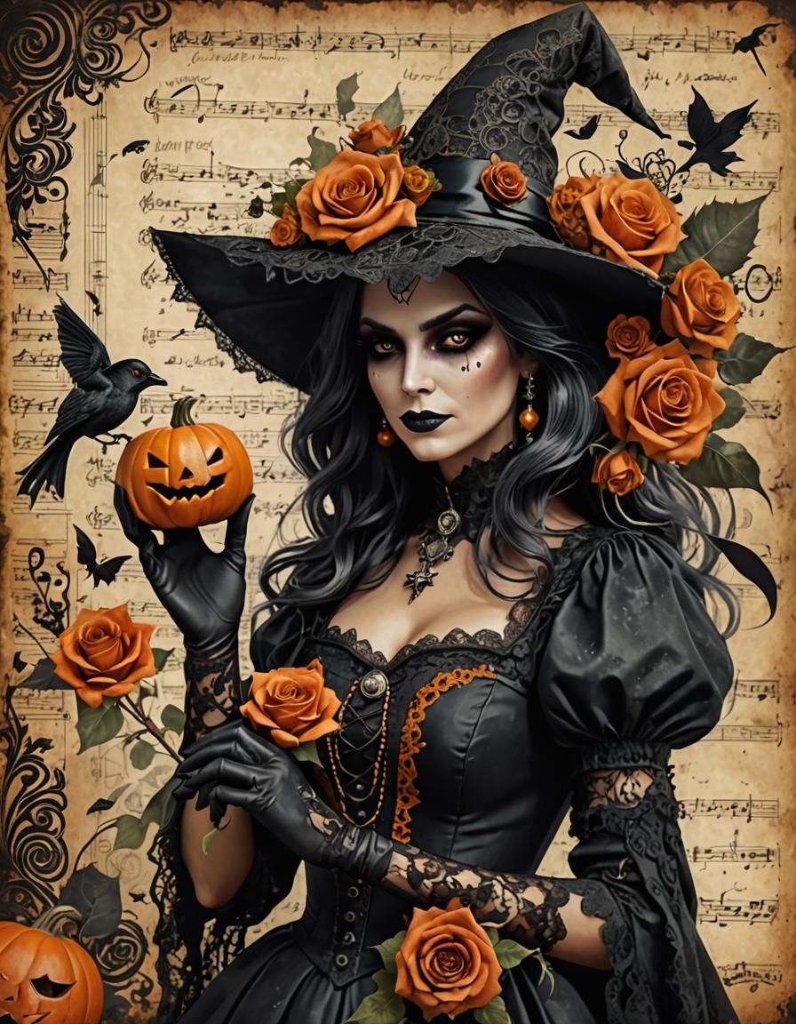Vintage Grunge Witch with Halloween Floral Elements