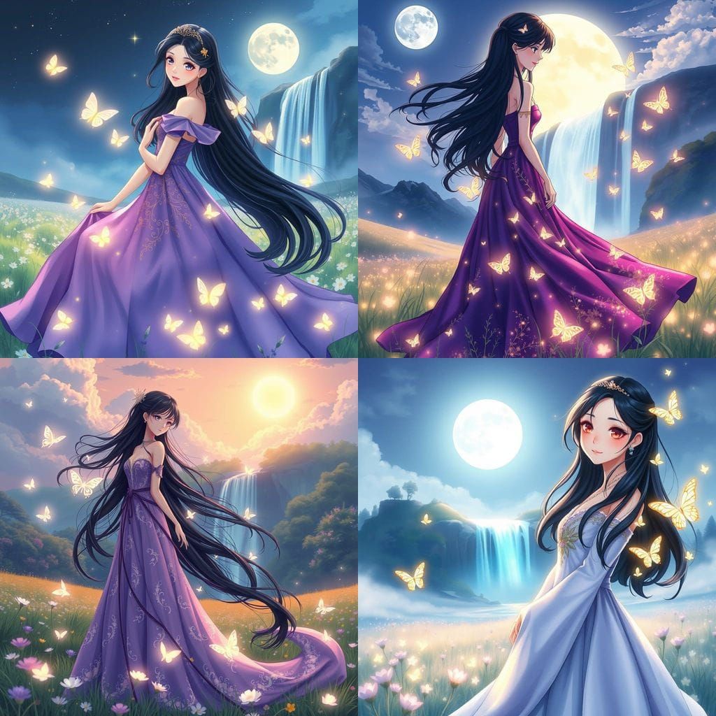 Anime Princess in Enchanted Meadow under Starry Night