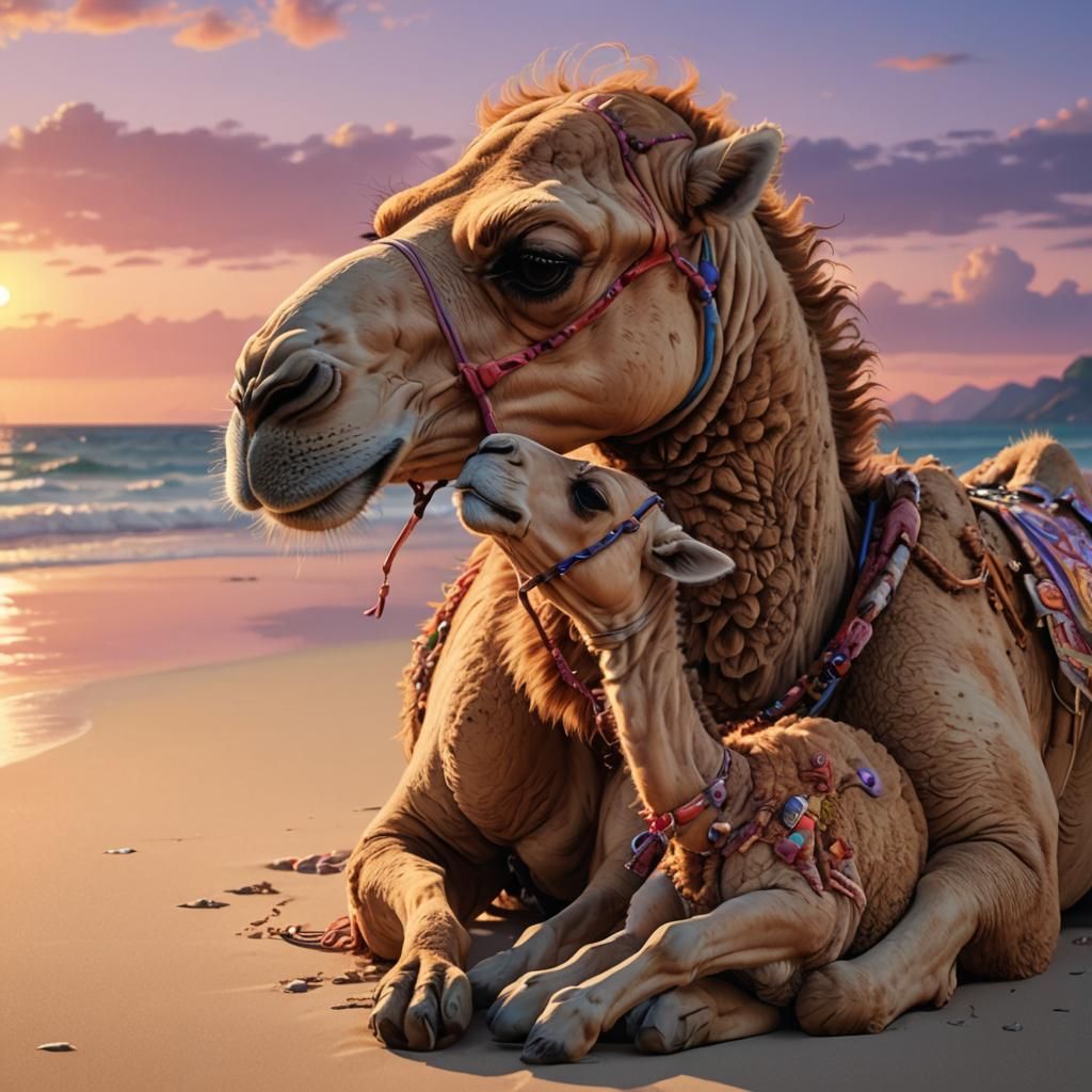 Camel and Puppy on Beach in 3D Anime Art