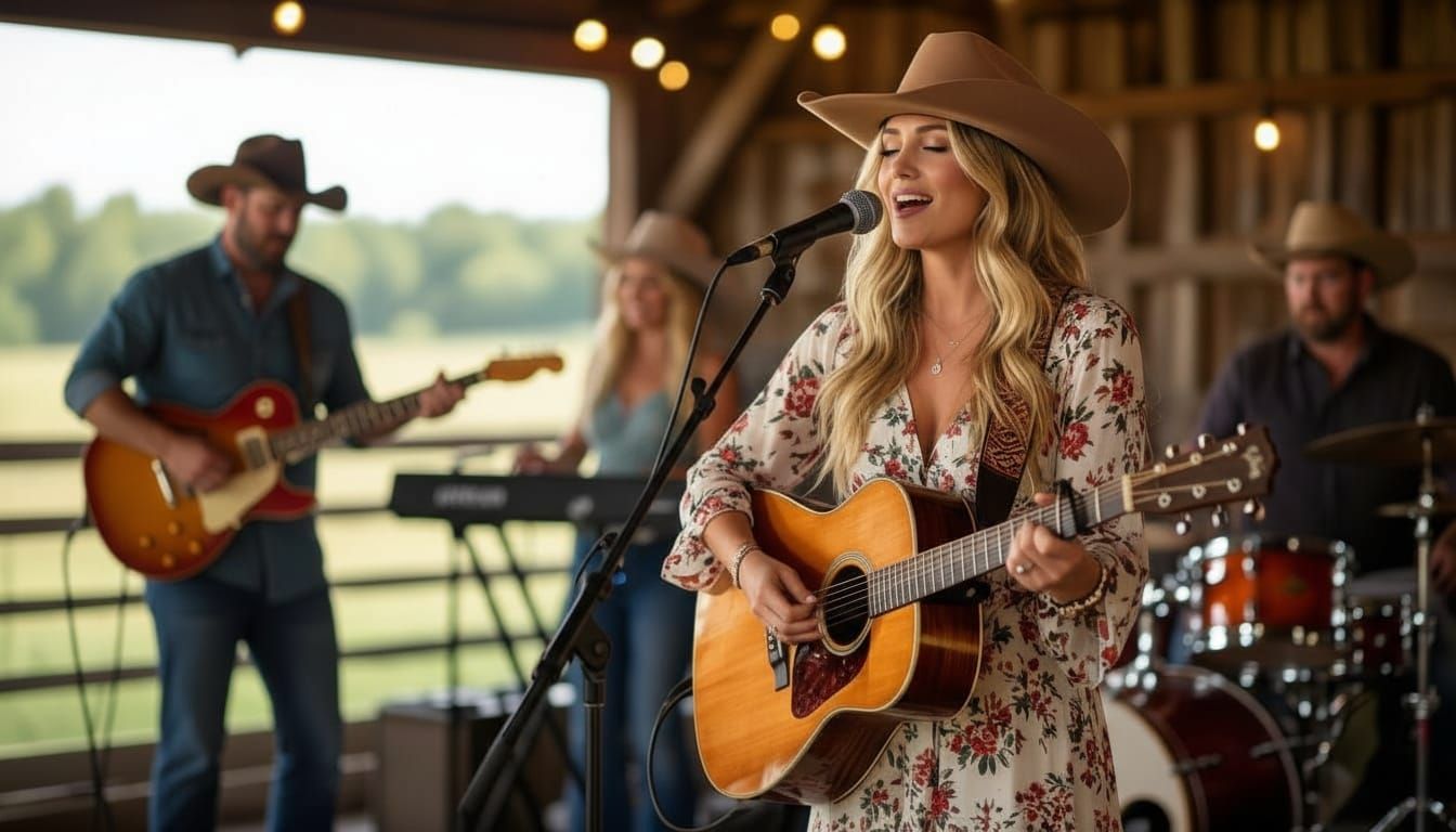 Country Band Plays in Barn, Lead Singer on Acoustic Guitar