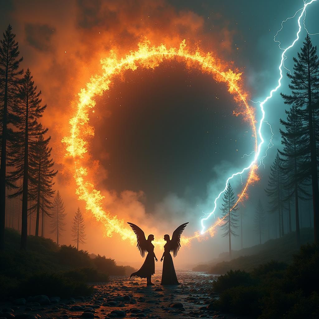 Forest fire. massive black hole.lightning. Two angel/demon women. both have 2 wings. inside the black hole. Both women a...