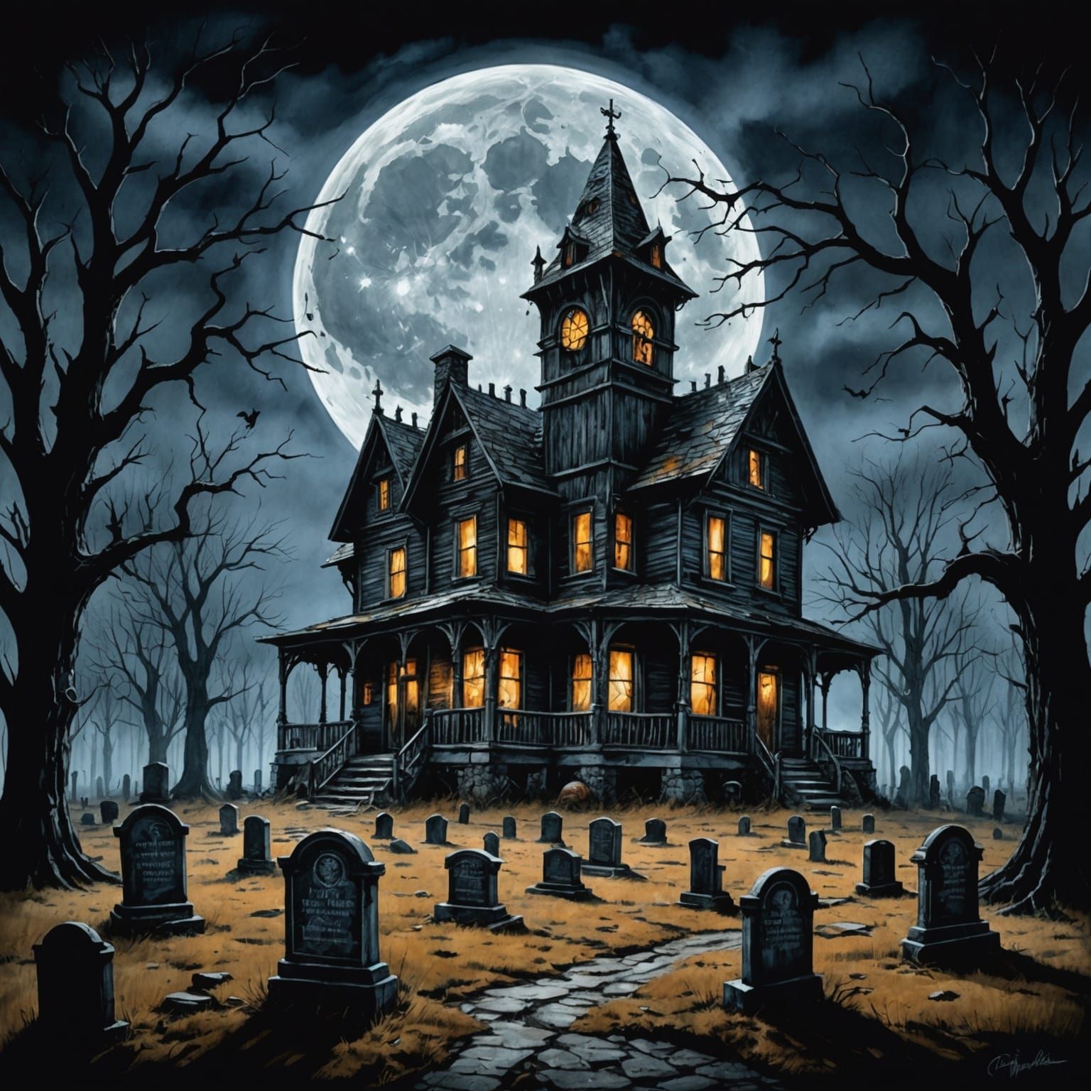 terrifying deserted wooden farmhouse with macabre headstones, full moon, gothic, haunted, terrifying, dark art macabre t...