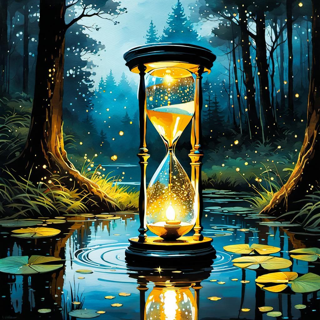 Hourglass in Bioluminescent Forest: Watercolor Splash Art