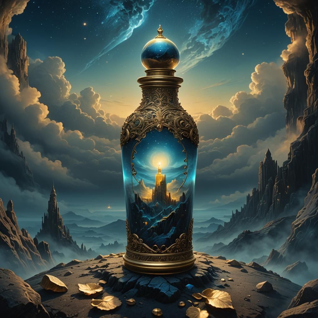 Ornate Vial with Ethereal Glow in Dark Fantasy Style