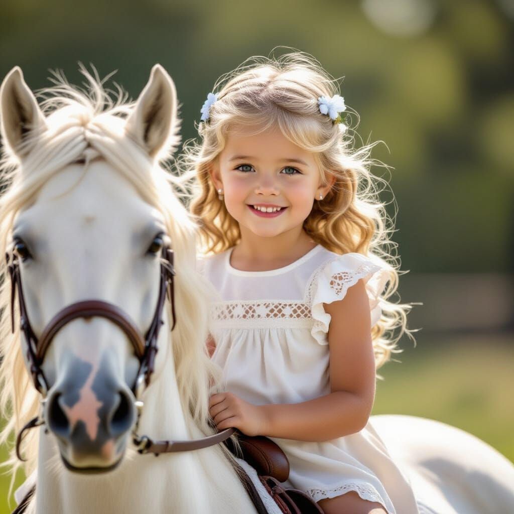 Girl with Blonde Curls on White Horse