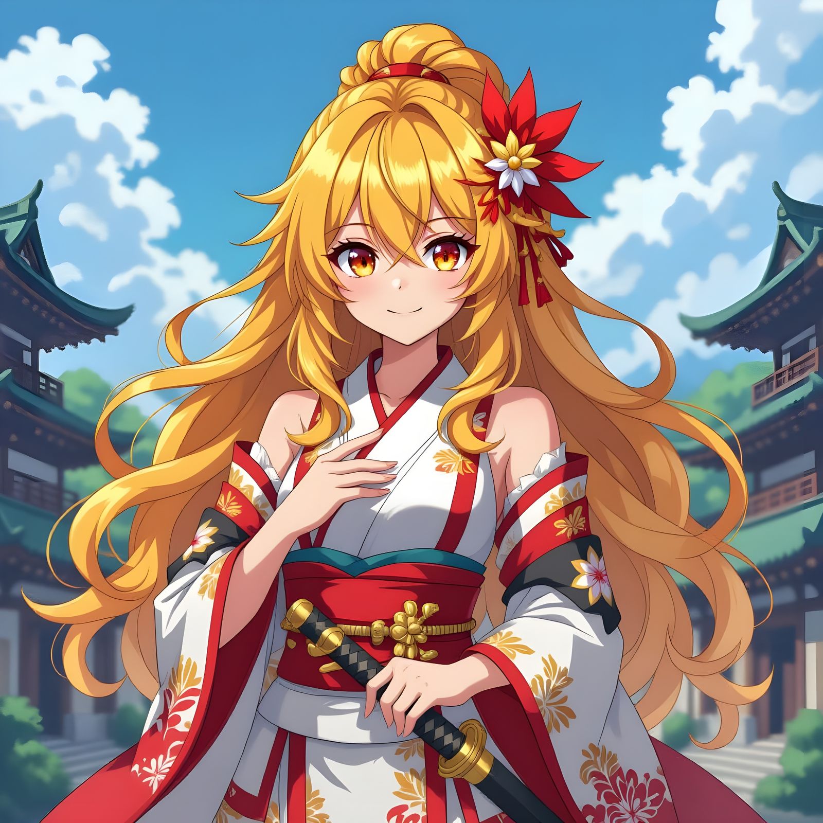 Anime Shrine Maiden with Golden Hair