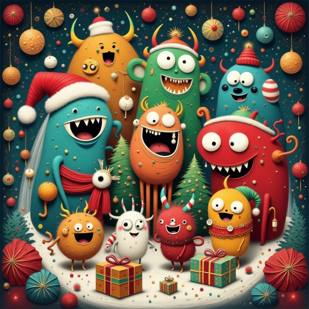 Whimsical Cartoon Monsters Celebrate Christmas
