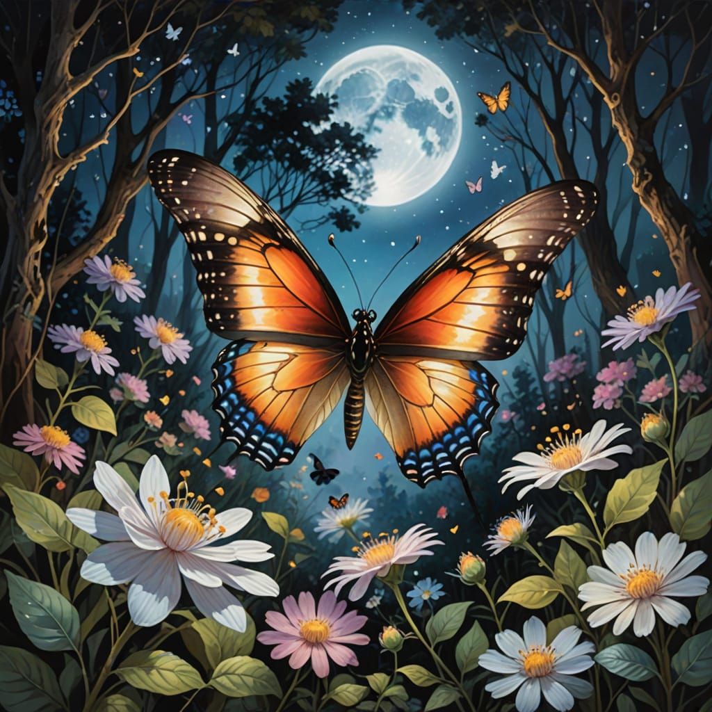 Iridescent Butterfly Emerges Under Full Moon