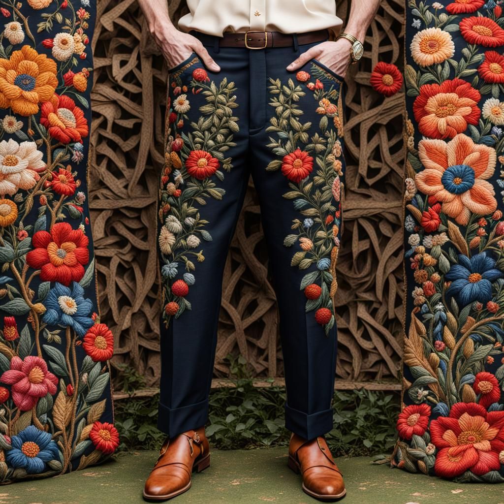 Embroidered Floral Textile Art on Pants