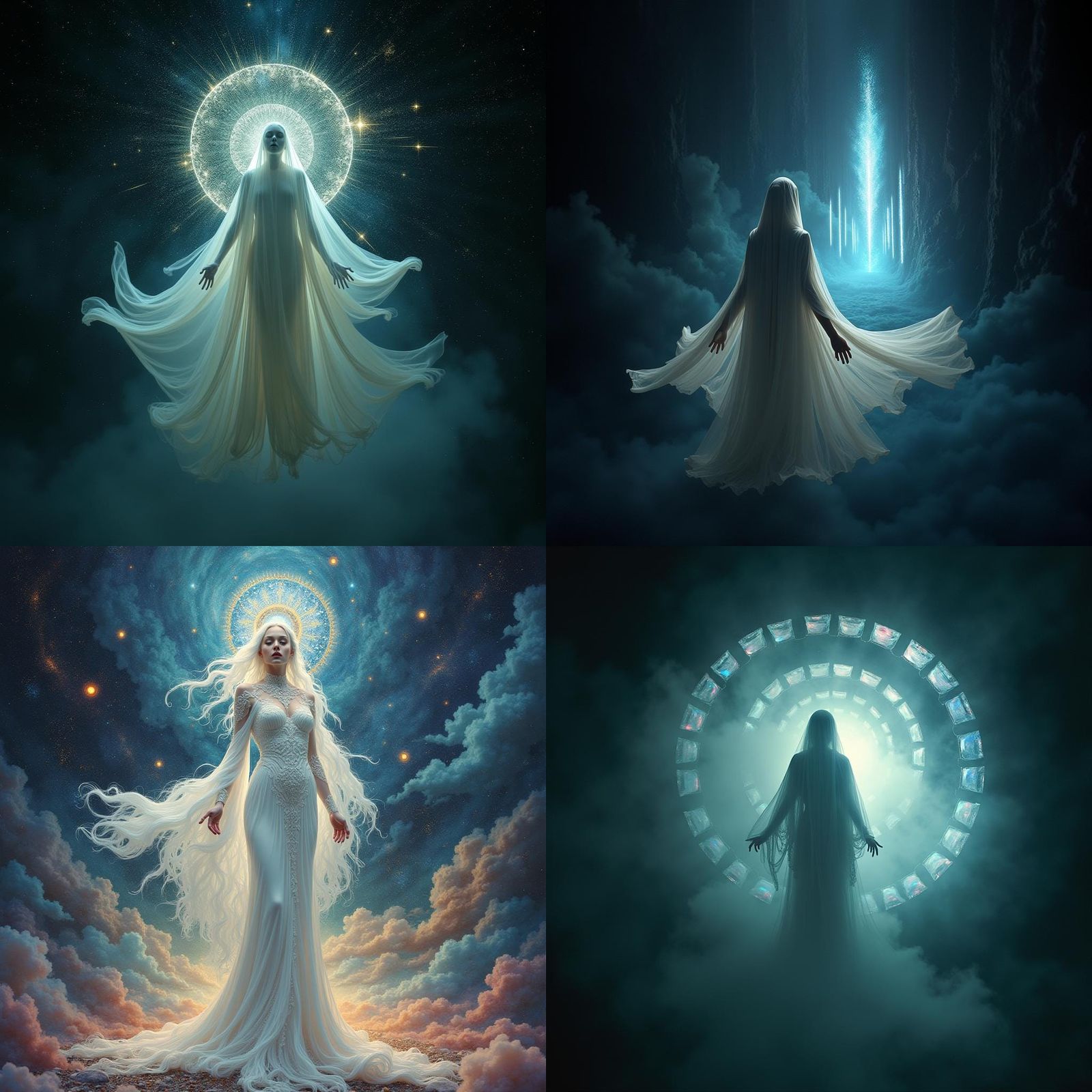 Ethereal Figure in Space Surrounded by Portals