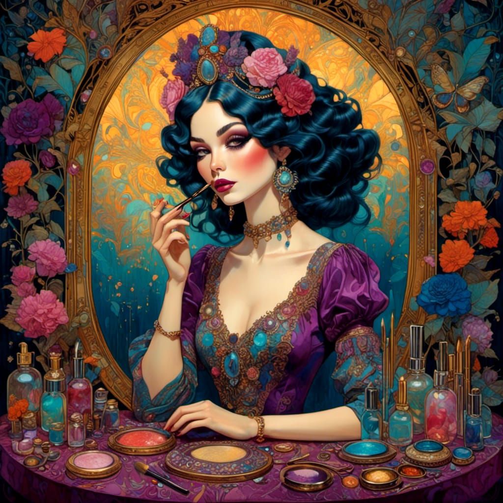 Girl at Vanity: Psychedelic Storybook Illustration