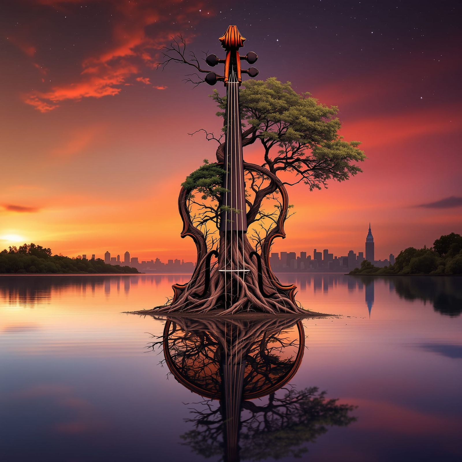 Giant Violin Tree Island at Sunset Reflection
