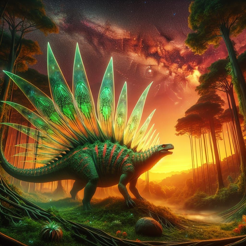 Stegosaurus Cat Hybrid in Prehistoric Sunset