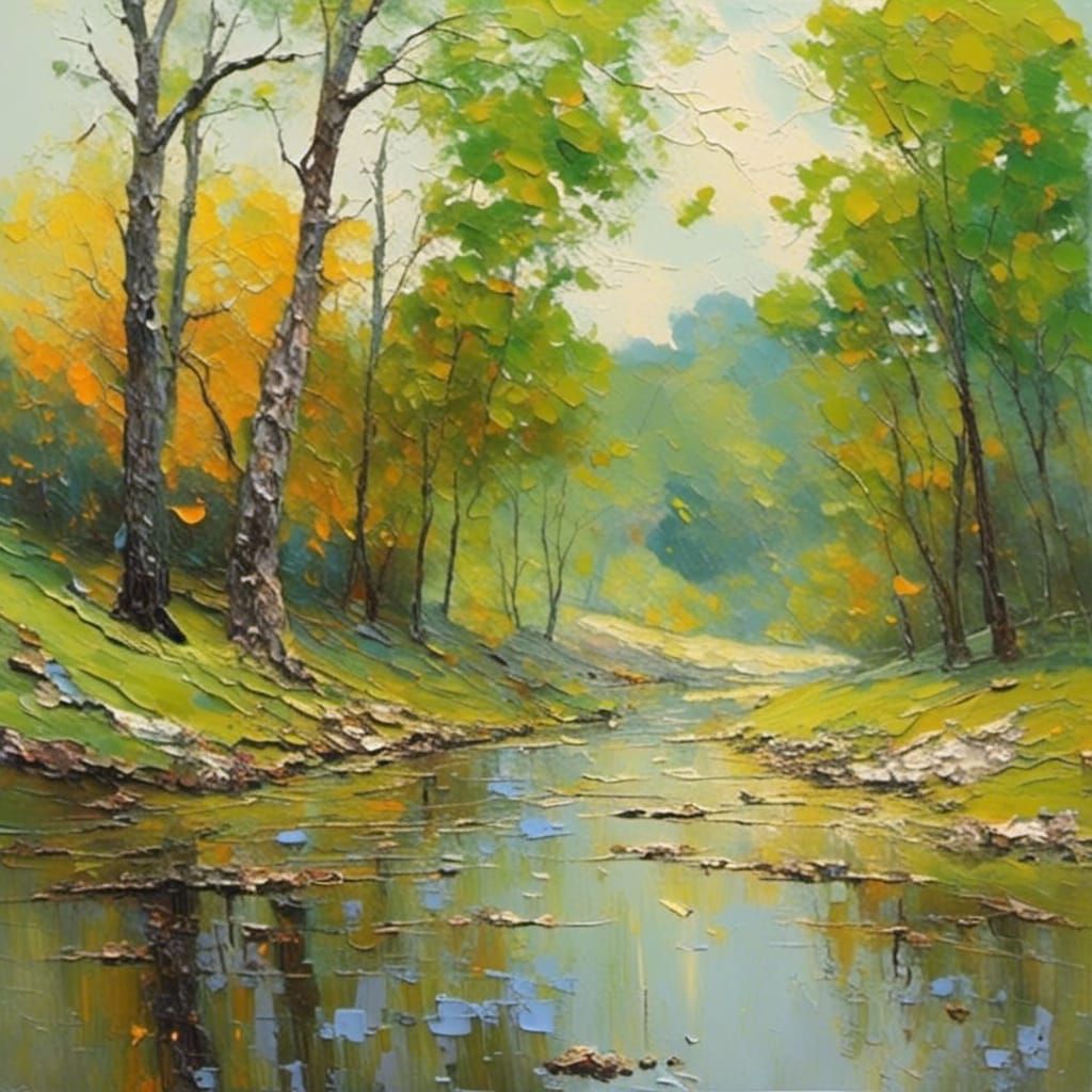 Impasto Landscape with Colorful Trees in Oil Paint