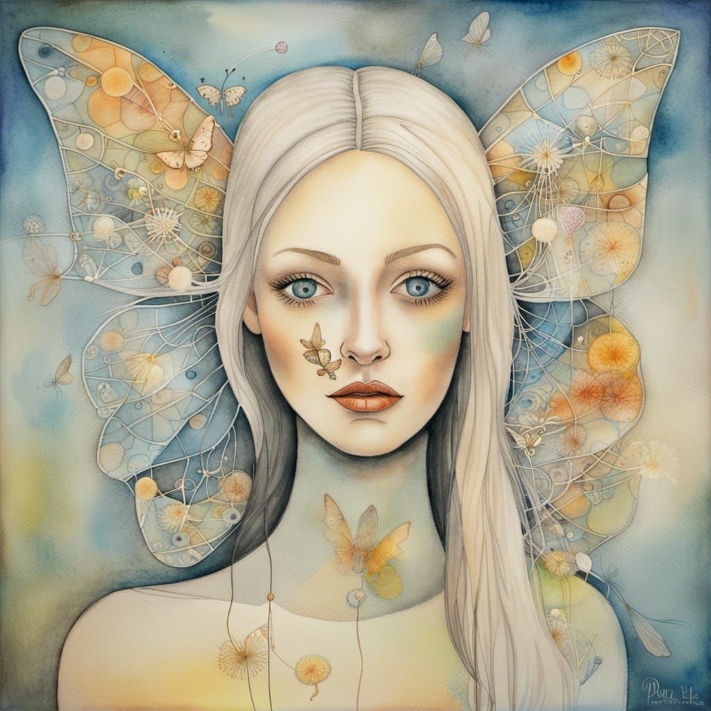 Watercolor Woman in Dandelion Dreamscape