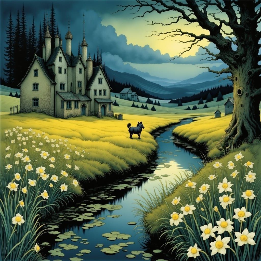 Whimsical Valley at Dusk, in the Style of Romanticism