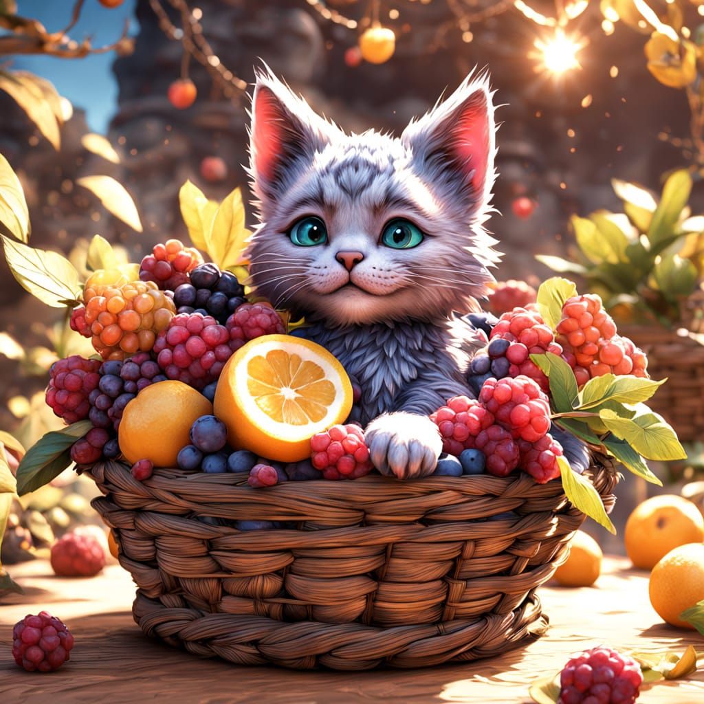 Whimsical Kitten in Berry Basket: A Joyful, 3D Masterpiece