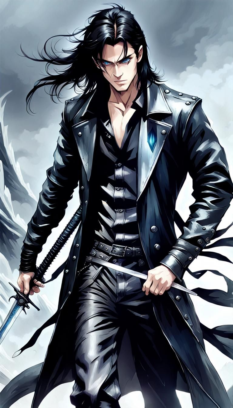 Slender Man with Black Hair and Dragon Leather Coat