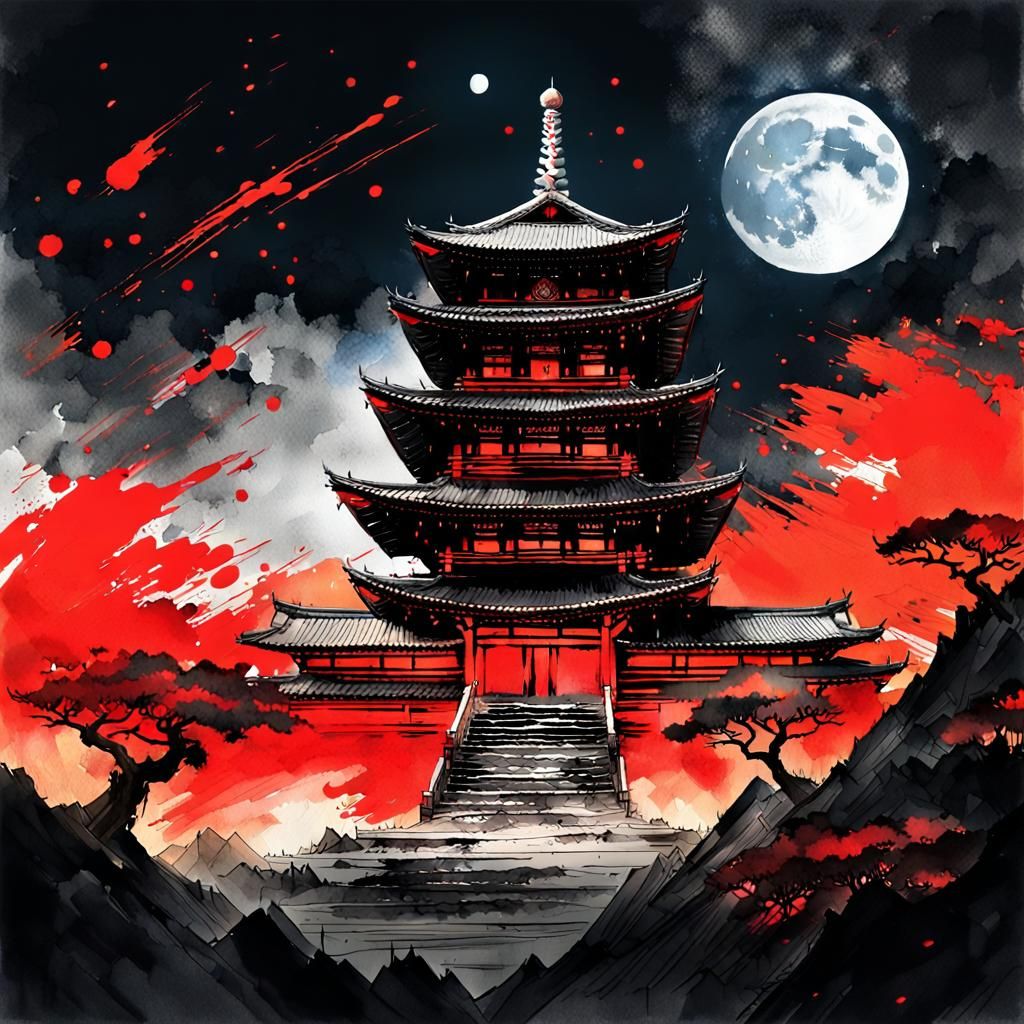 Fiery Shinto Temple Summerscape Under Blood Moon