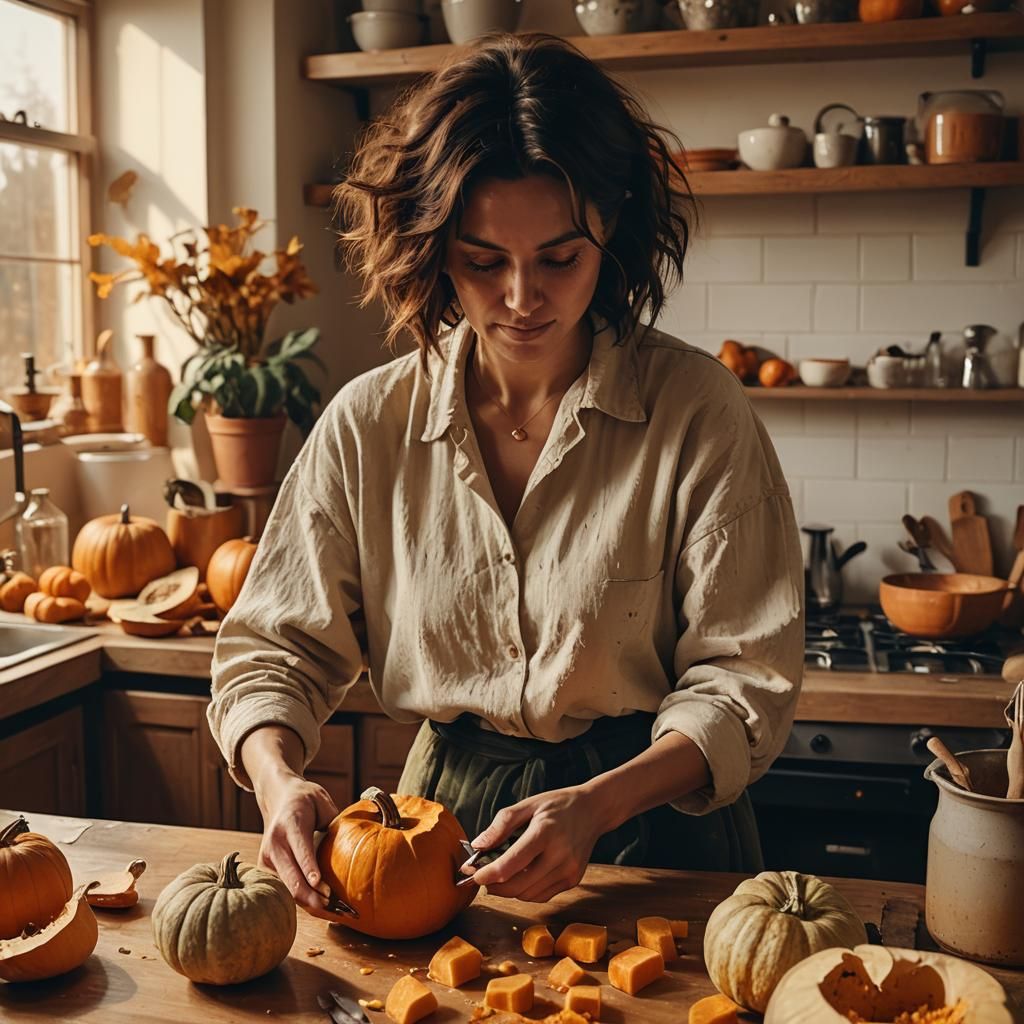 Warm Kitchen Still Life: Woman Preparing Pumpkin