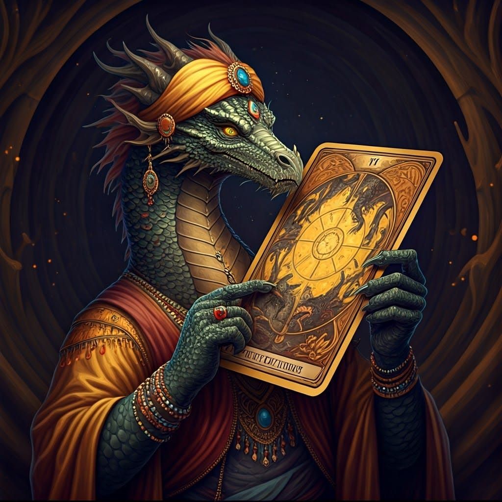 Dragon Placing Wheel of Fortune Tarot Card