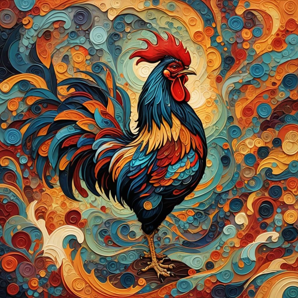Rooster Sunset: Impasto Painting with Vivid Colors