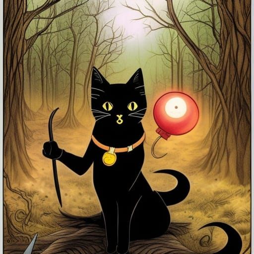 Black Cat Witch Waving Wand: Comic Book Art