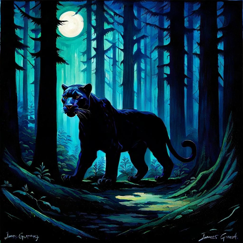 Panther Concealed in Shadows, Sinister Oil Painting