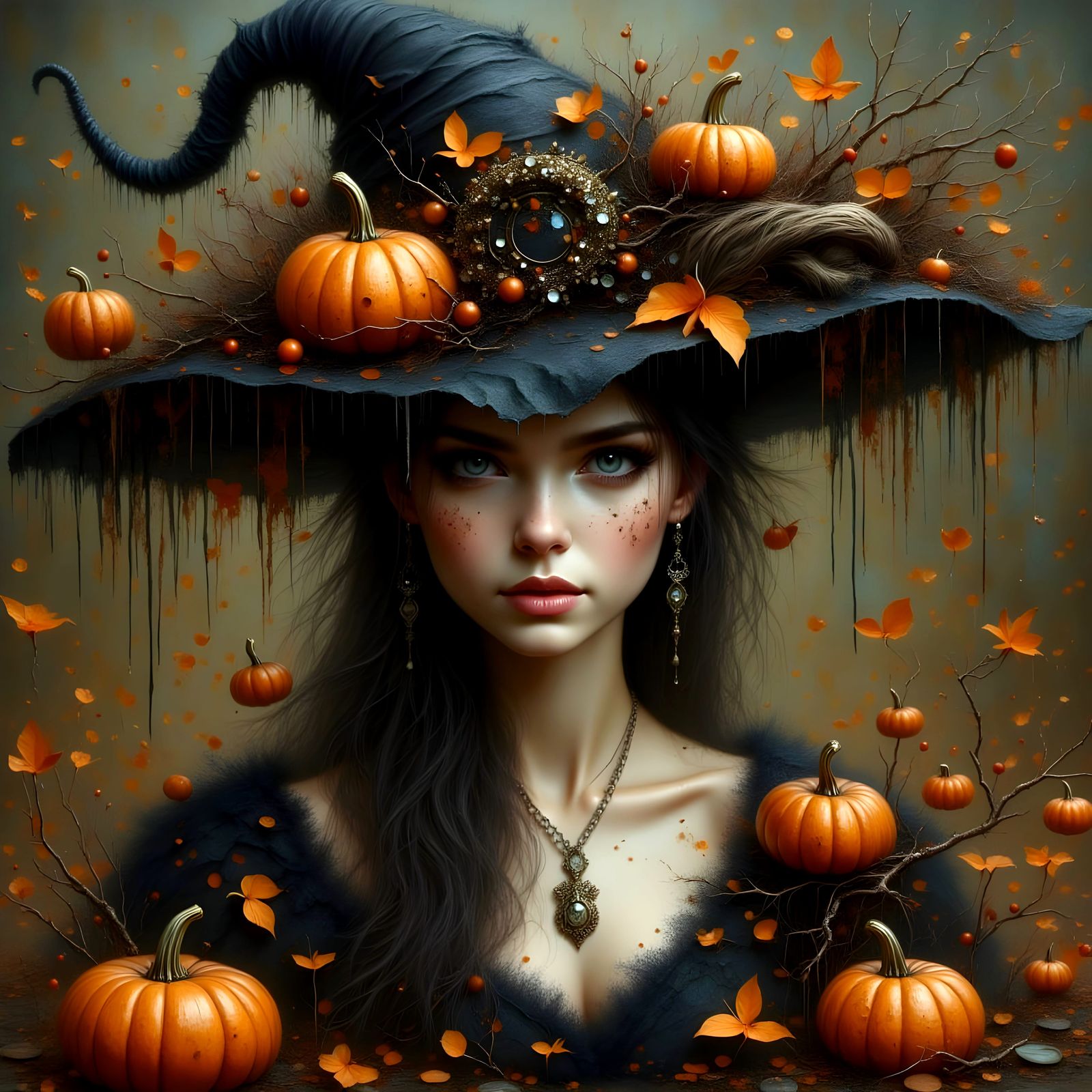 Beautiful Witch in Sorcerer's Hat with Jack-o-Lanterns