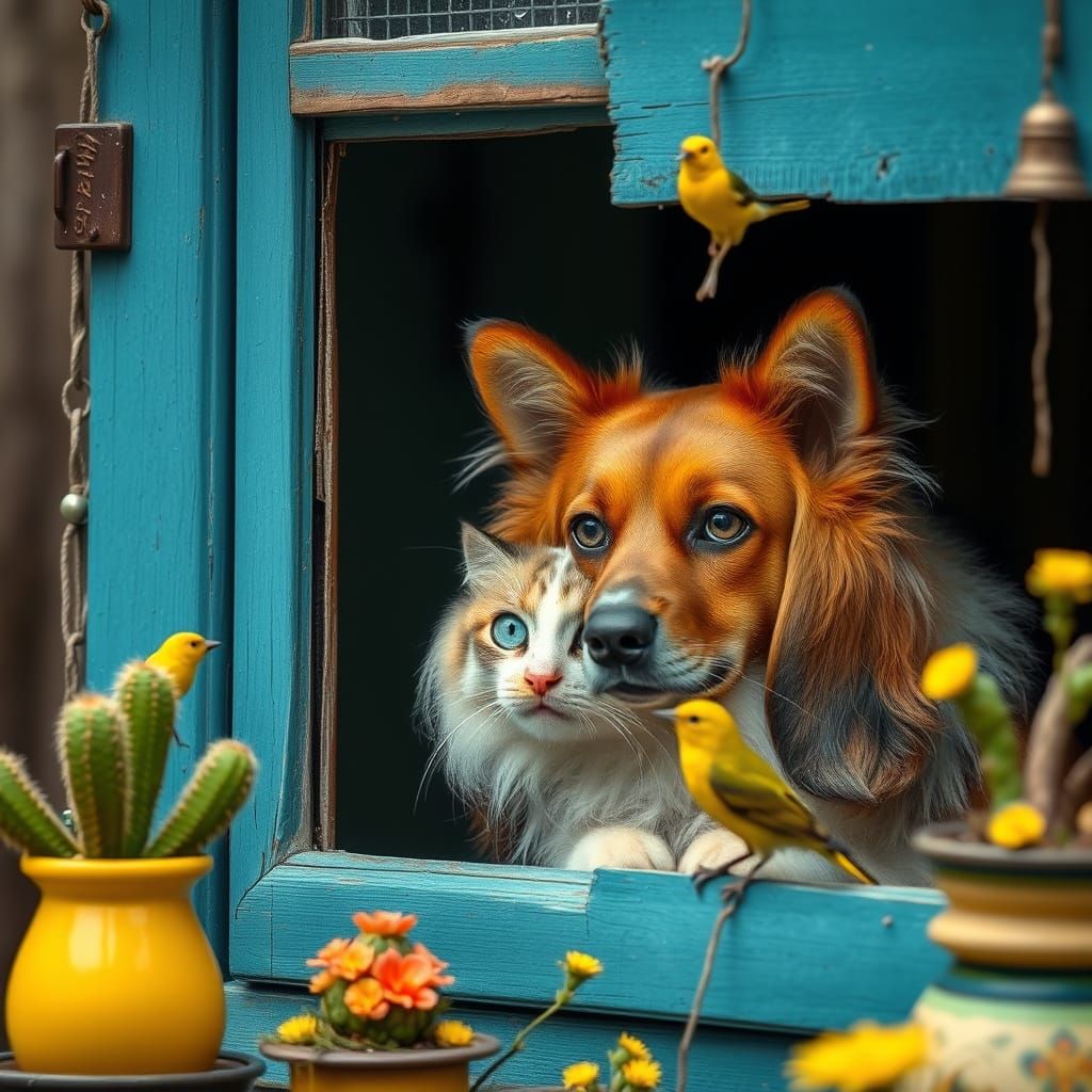 Cat and Dog Embrace in Rainy Forest Scene