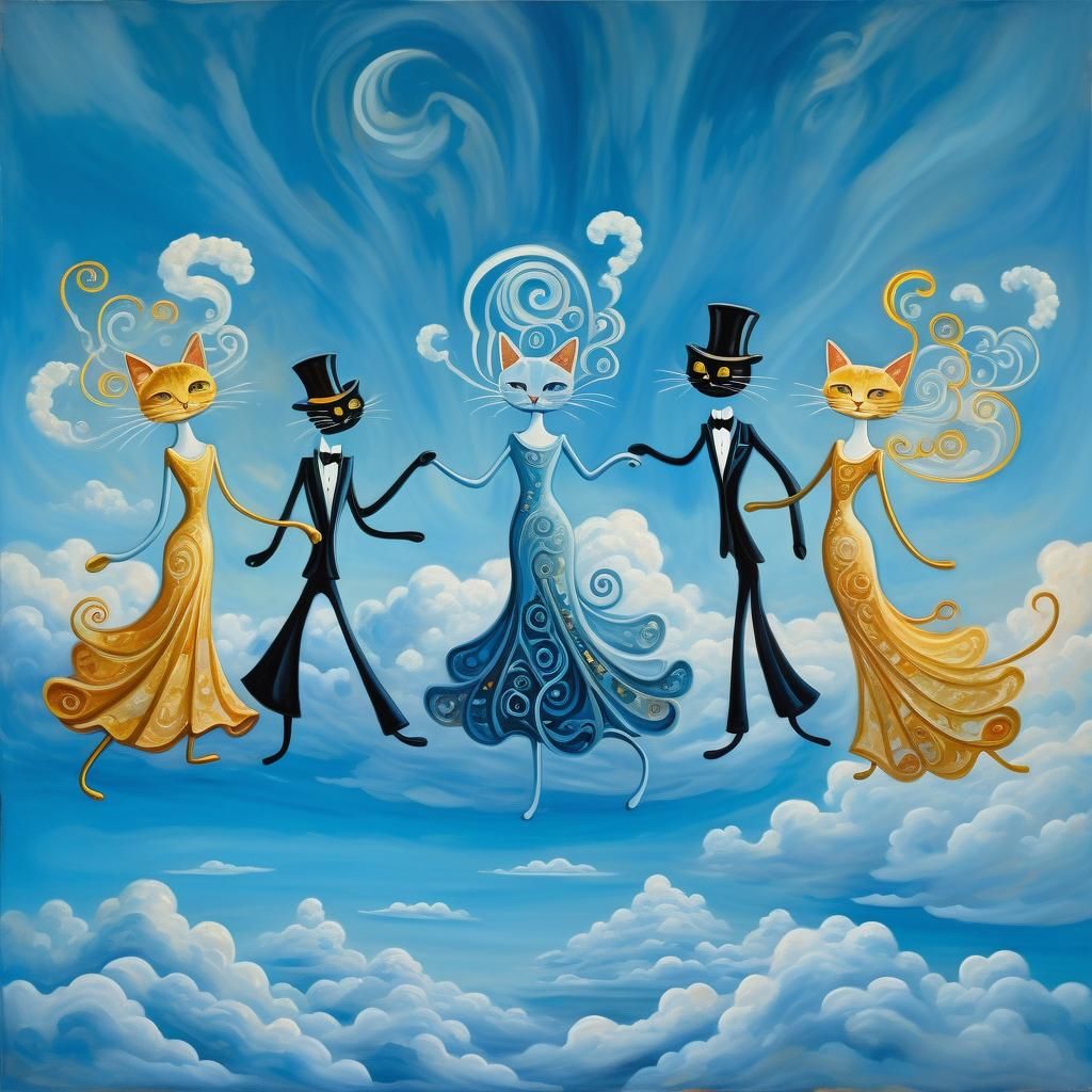 One whimsical tall thin ORANGE TABBY cat stick figure with long swirly upswept hair wearing a gown, one GRAY cat stick f...