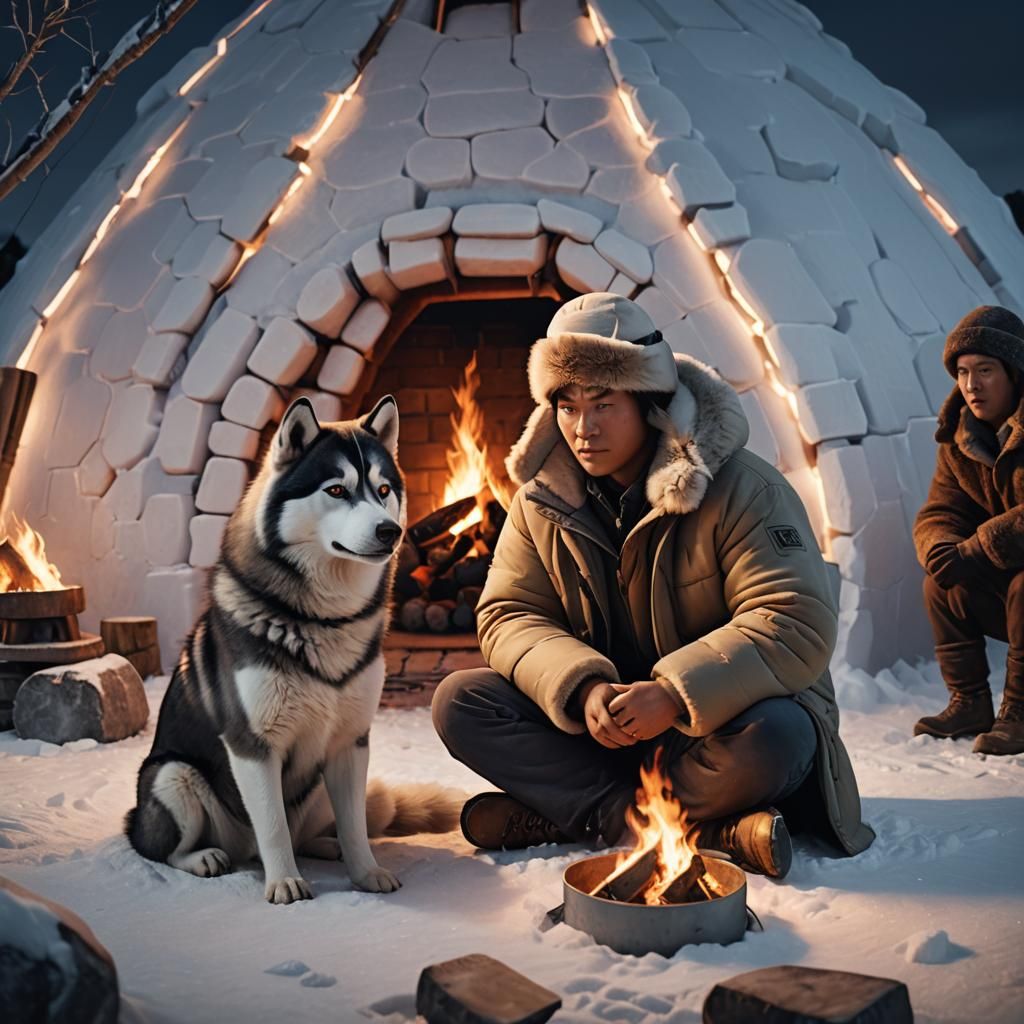 Eskimos Warming by Fire in Igloo: 3D Render