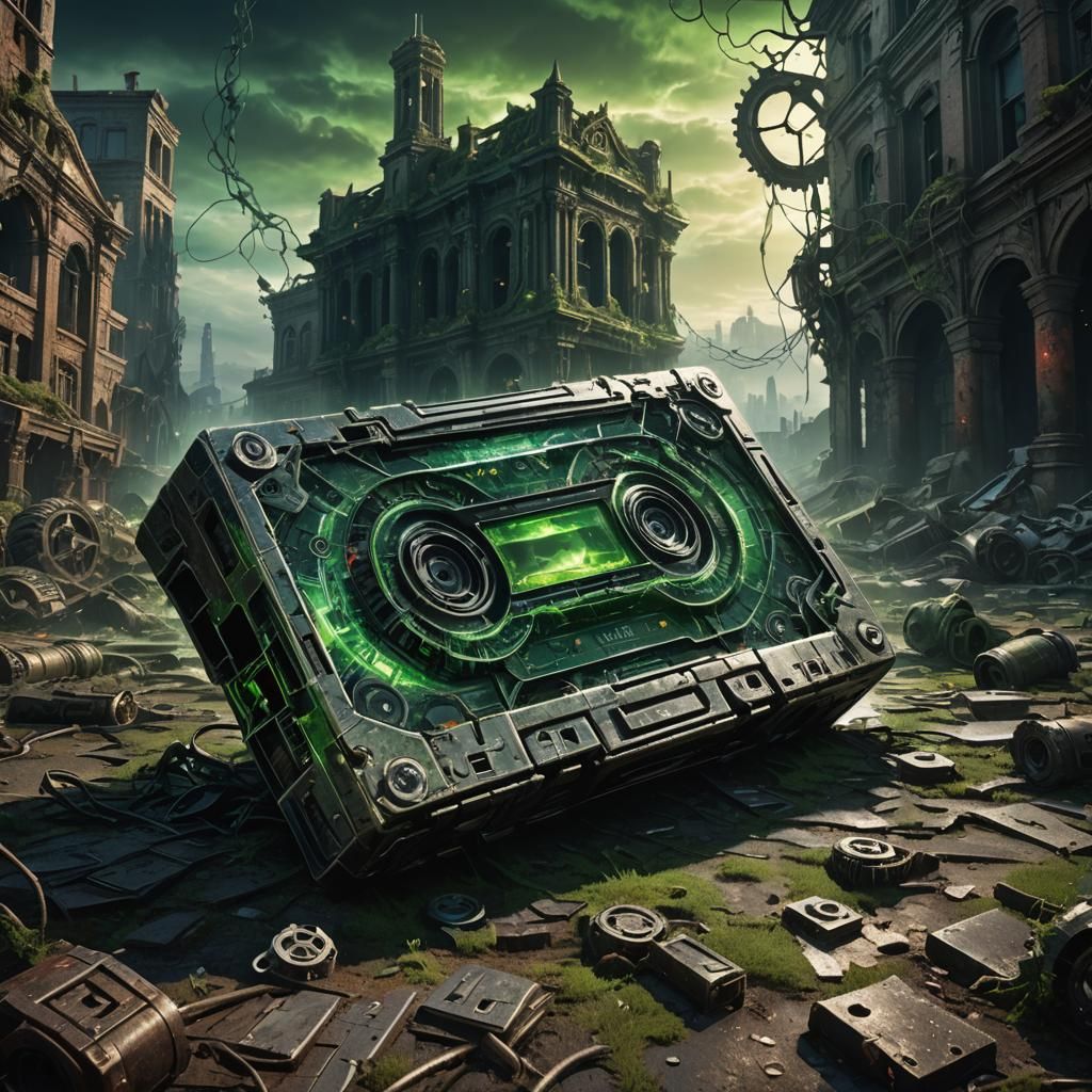 Demonic Cassette Tape Emerges in Ruined Cityscape