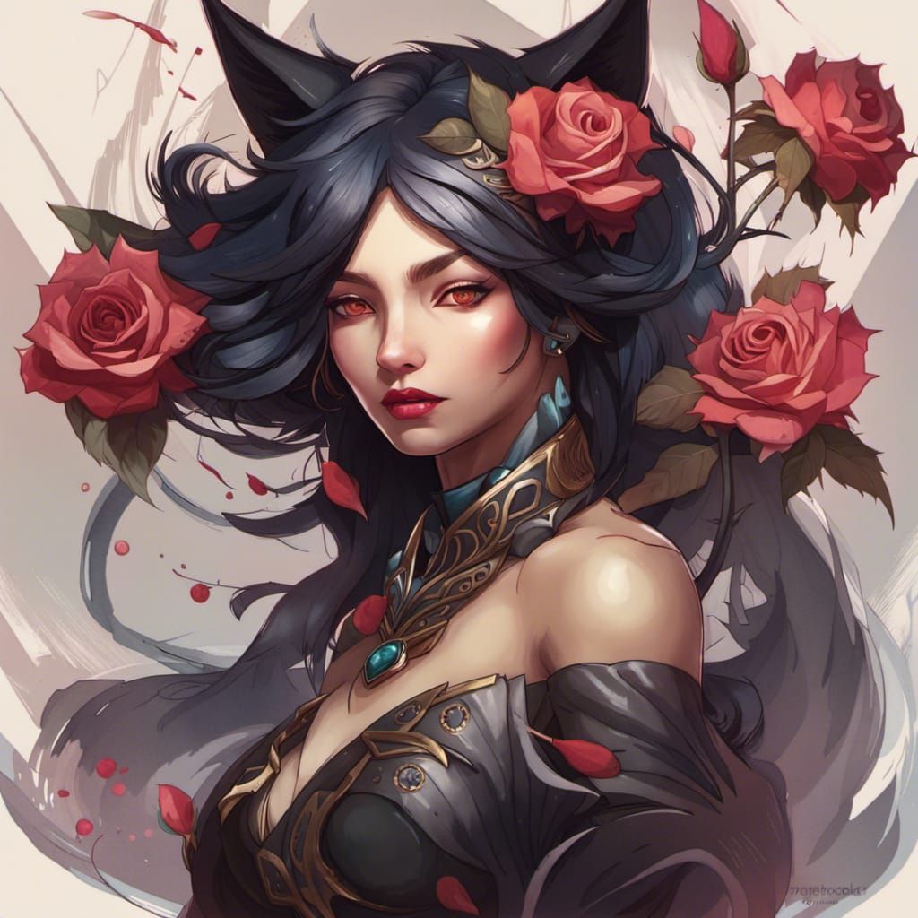 Intricate Black Rose Kitsune Portrait