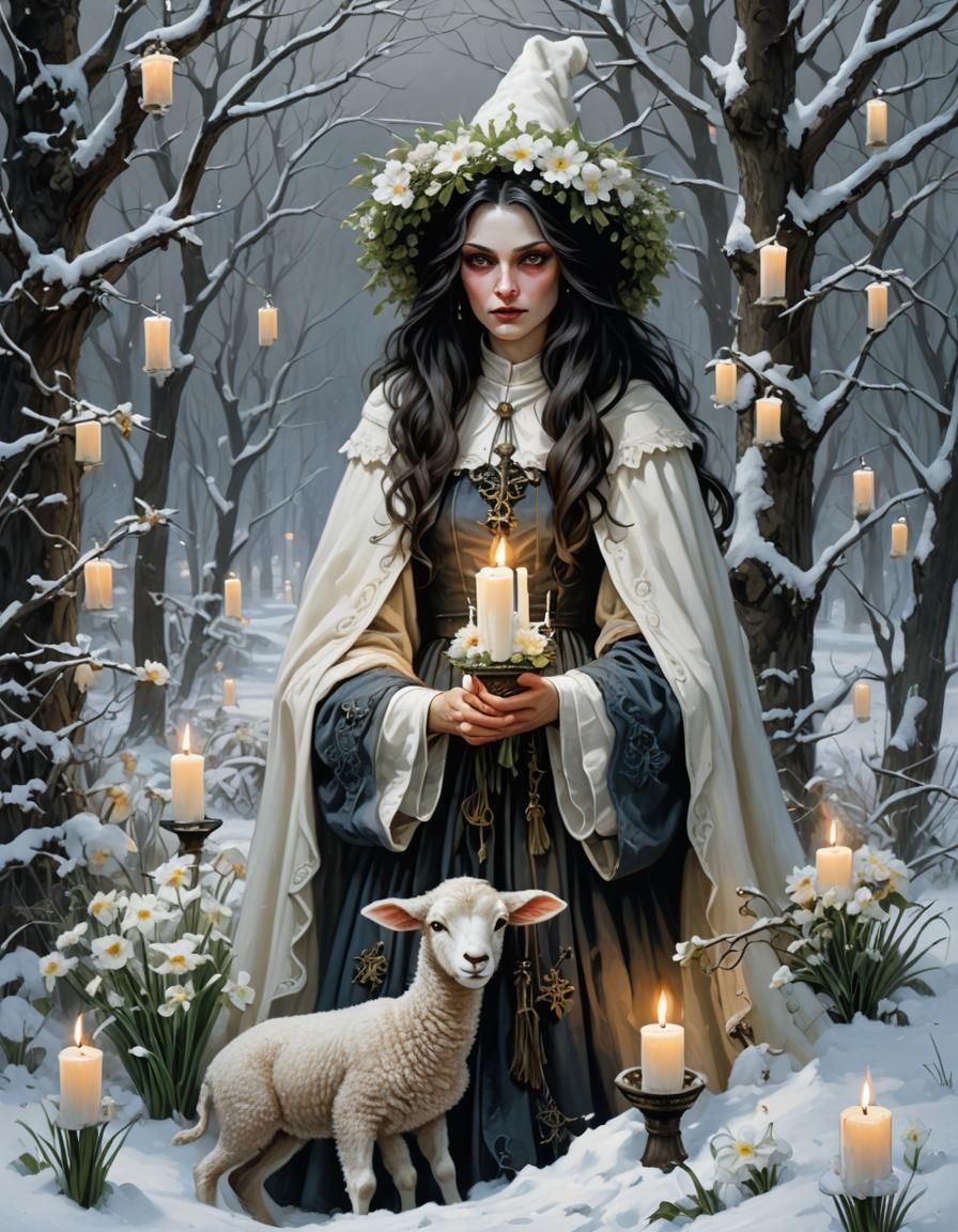 Sinister Winter Witch with Lamb and Flowers