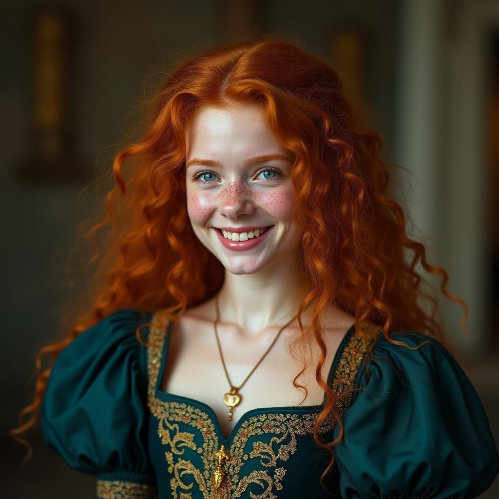 Medieval Scottish Princess in Dark Blue-Green Regalia