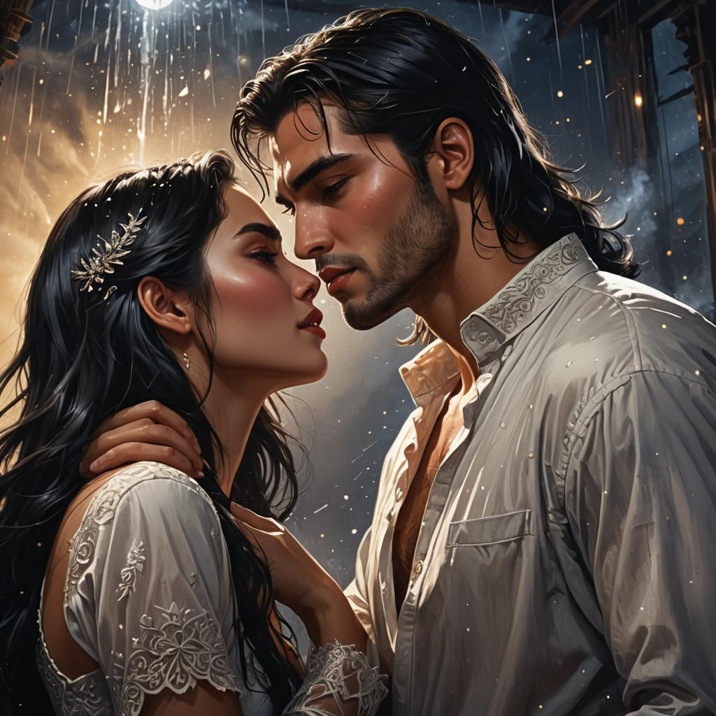 a charming young girl with black long hair kissing a handsom...