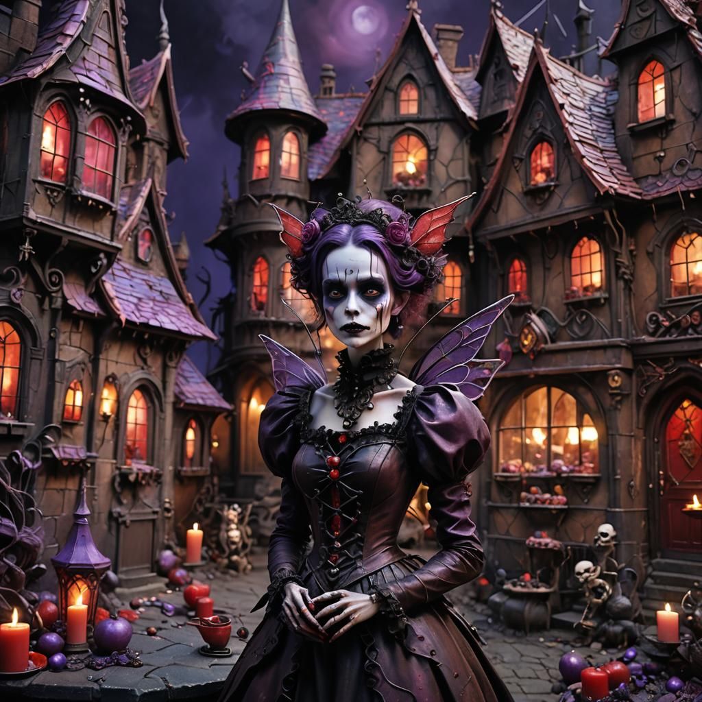 Steel-Winged Fairy in Candy House, Dark Fantasy Art