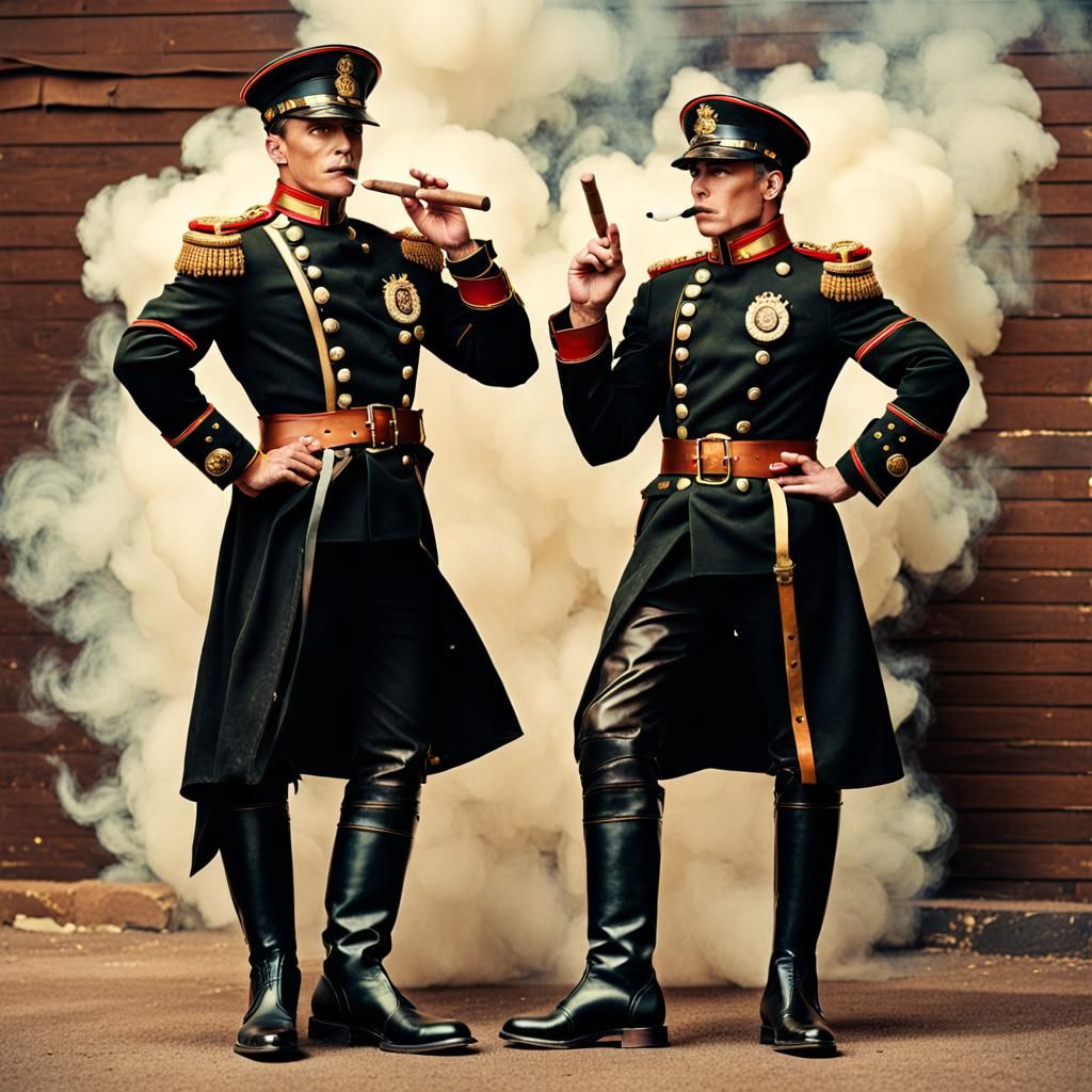Androgynous Men in Military Uniforms Smoking Cigars