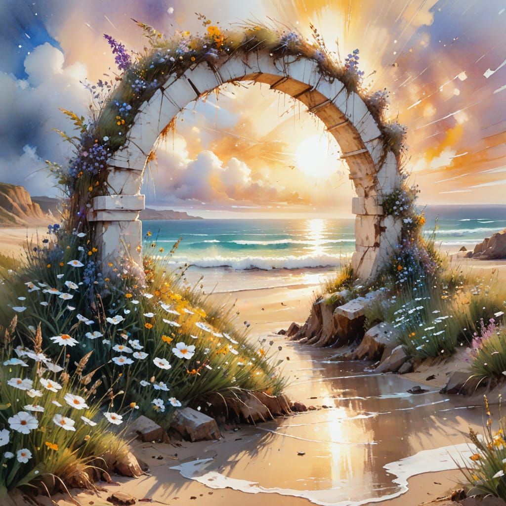 Stargate Portal on Wildflower Beach in Watercolour Style