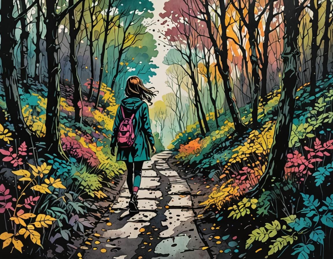 Girl Walks Wooded Path: Splotchy Ink Drawing